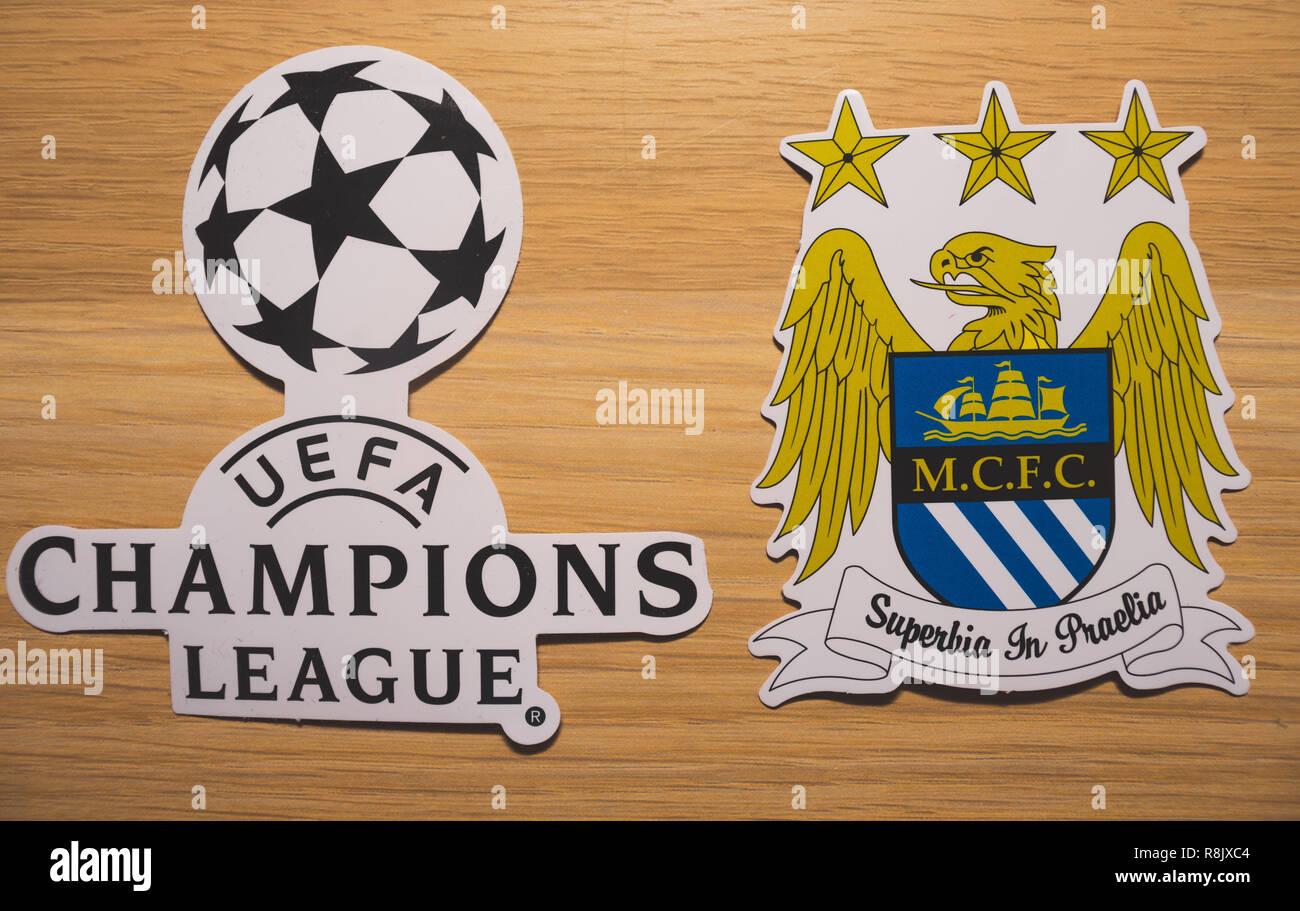 15 December 2018. Nyon Switzerland. The logo of the football club Manchester City F.C. and UEFA Champions League. Stock Photo