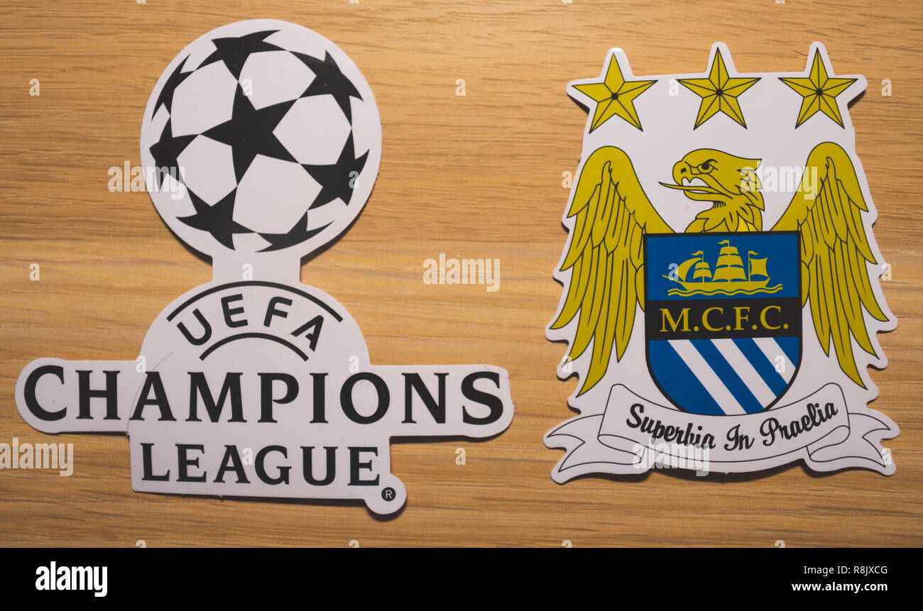 15 December 2018. Nyon Switzerland. The logo of the football club Manchester City F.C. and UEFA Champions League. Stock Photo