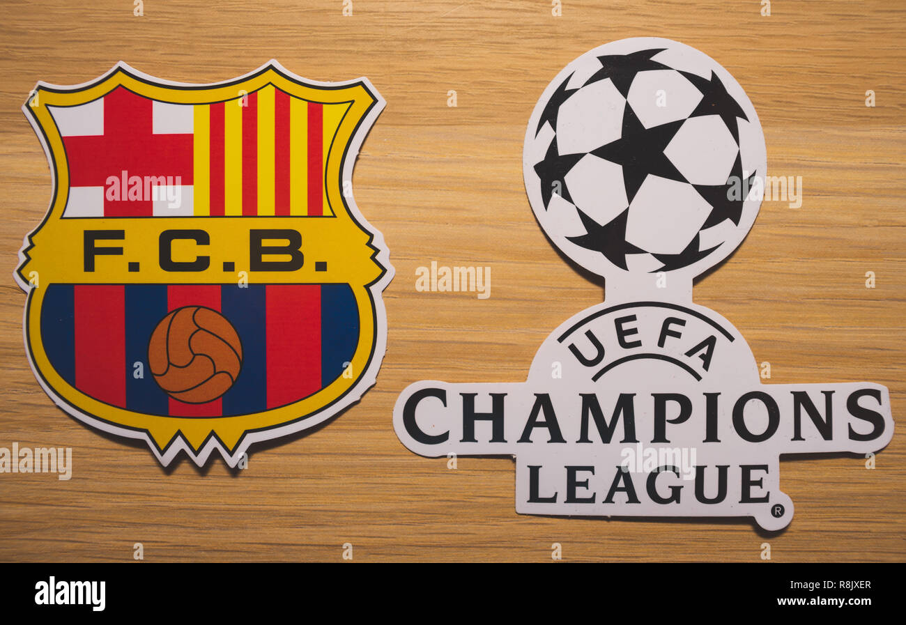 15 December 2018. Nyon Switzerland. The logo of the football club Barcelona  and UEFA Champions League Stock Photo - Alamy