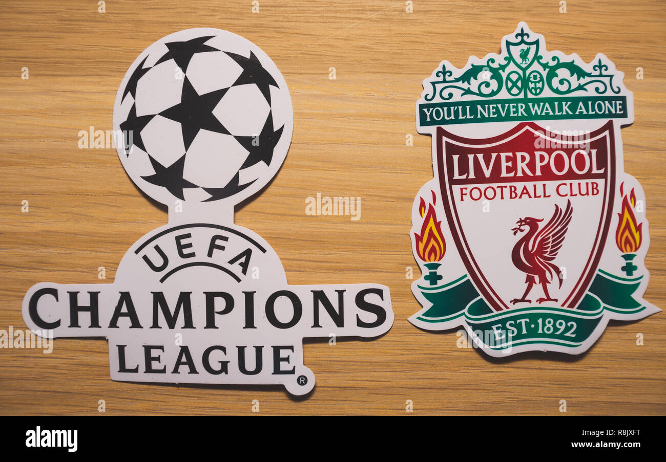15 December 2018. Nyon Switzerland. The logo of the football club Liverpool F.C. and UEFA Champions League. Stock Photo