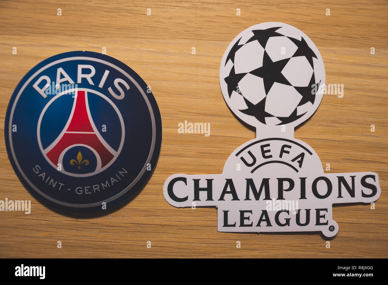 15 December 2018. Nyon Switzerland. The logo of the football club Paris  Saint-Germain F.C. and UEFA Champions League Stock Photo - Alamy