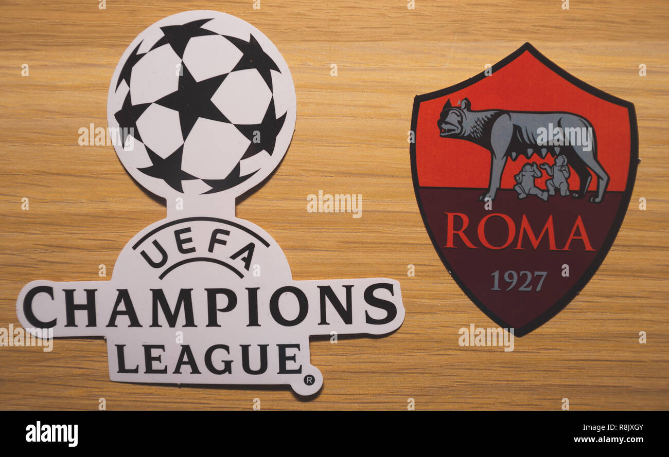 15 December 2018 Nyon Switzerland The Logo Of The Football Club A S Roma And Uefa Champions League Stock Photo Alamy