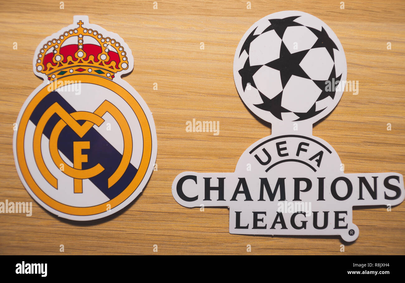 15 December 2018. Nyon Switzerland. The logo of the football club Real Madrid C.F. and UEFA Champions League. Stock Photo