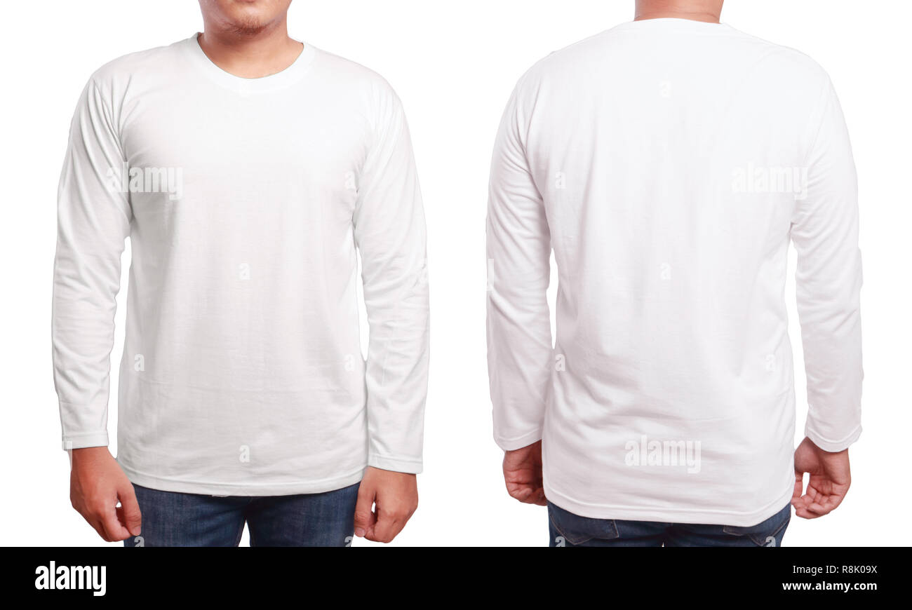 White long sleeved t-shirt mock up, front and back view, isolated. Male model wear plain white shirt mockup. Long sleeve shirt design template. Blank  Stock Photo