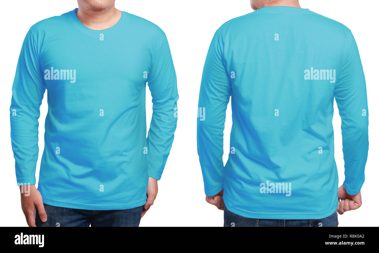 Download Blue Long Sleeved T Shirt Mock Up Front And Back View Isolated Male Model Wear Plain Bright Blue Shirt Mockup Long Sleeve Shirt Design Template B Stock Photo Alamy