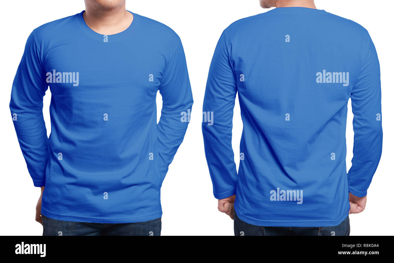 Download Blue Long Sleeved T Shirt Mock Up Front And Back View Isolated Male Model Wear Plain Navy Blue Shirt Mockup Long Sleeve Shirt Design Template Bla Stock Photo Alamy