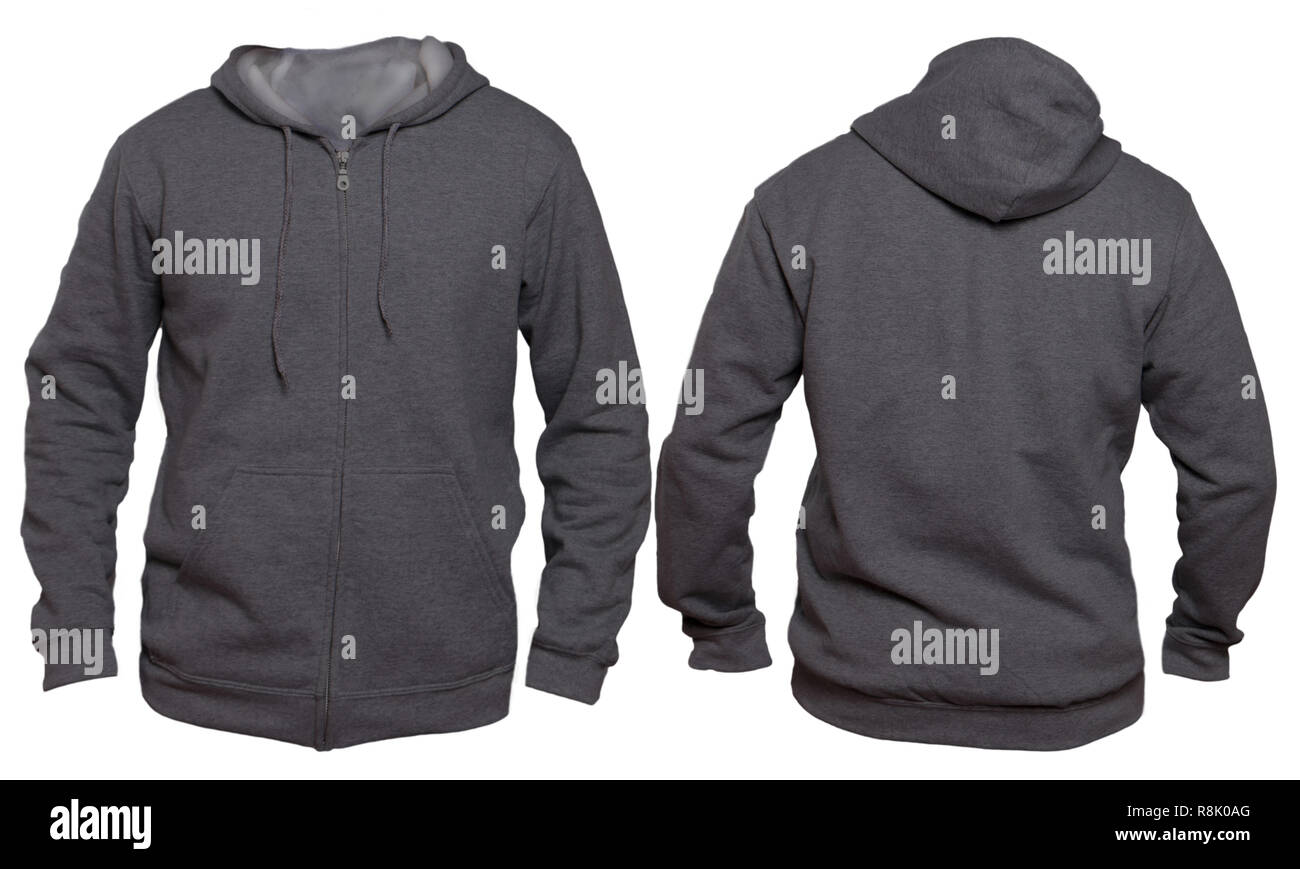 Blank sweatshirt mock up template, front, and back view, isolated on white, plain dark gray hoodie mockup. Hoody design presentation. Jumper for print Stock Photo