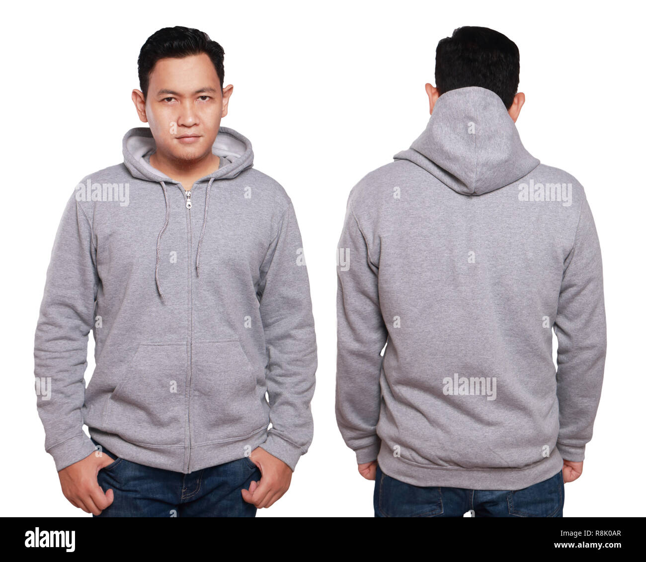 Blank sweatshirt mock up, front, and back view, isolated on white. Asian male model wear plain gray hoodie mockup. Hoody design presentation. Jumper f Stock Photo