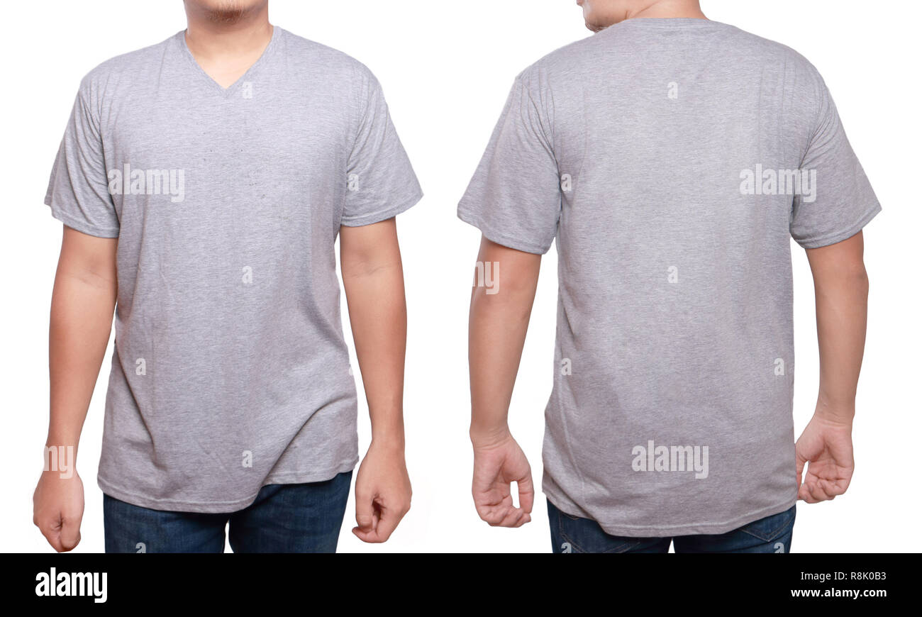 Download Misty Grey t-shirt mock up, front and back view, isolated. Male model wear plain gray shirt ...