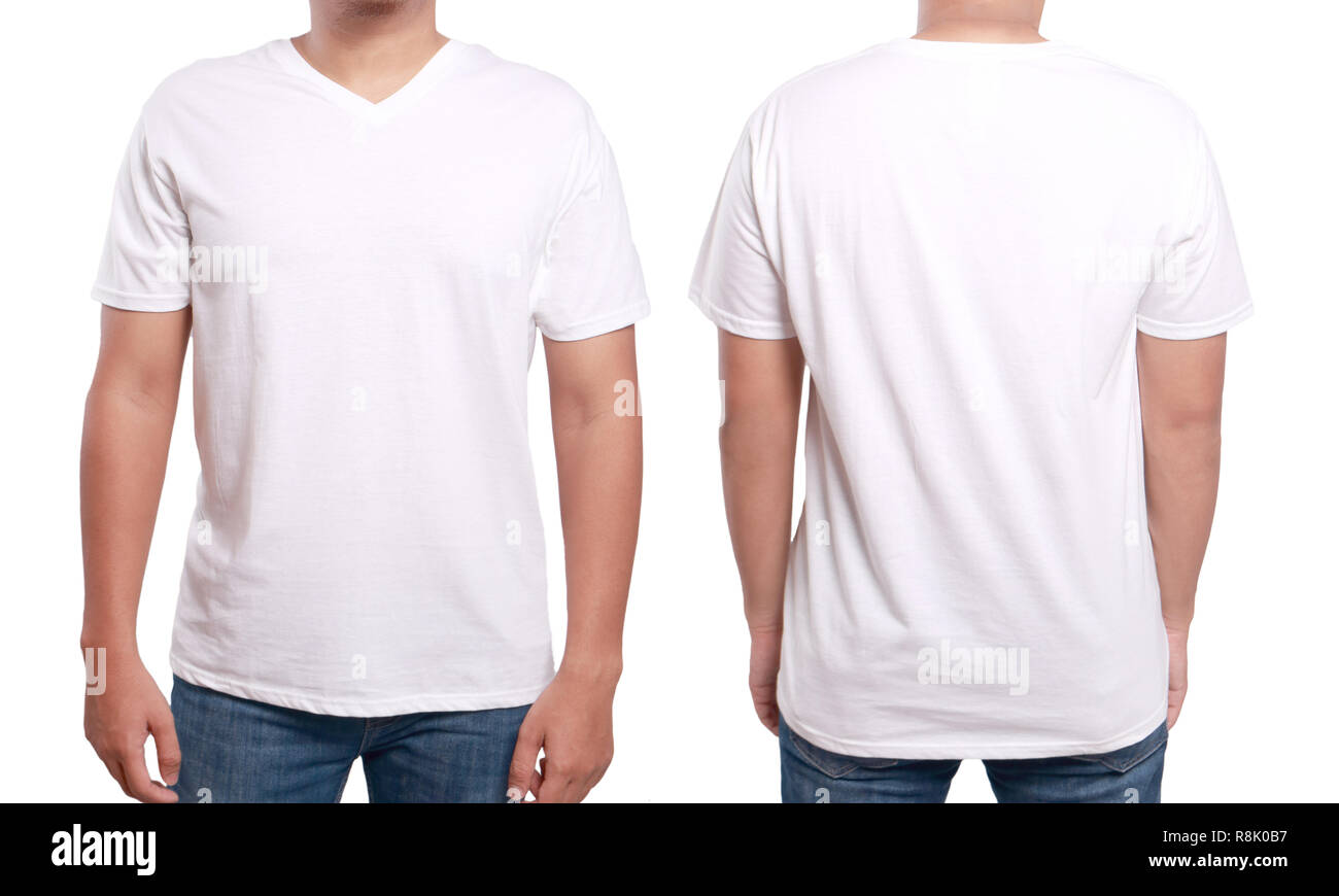 White t-shirt mock up, front and back view, isolated. Male model wear plain white shirt mockup. V-Neck shirt design template. Blank tees for print Stock Photo
