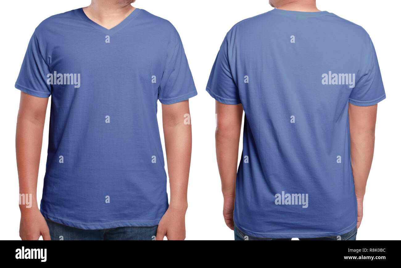 Blue t-shirt mock up, front and back view, isolated. Male model wear plain blue shirt mockup. V-Neck shirt design template. Blank tees for print Stock Photo