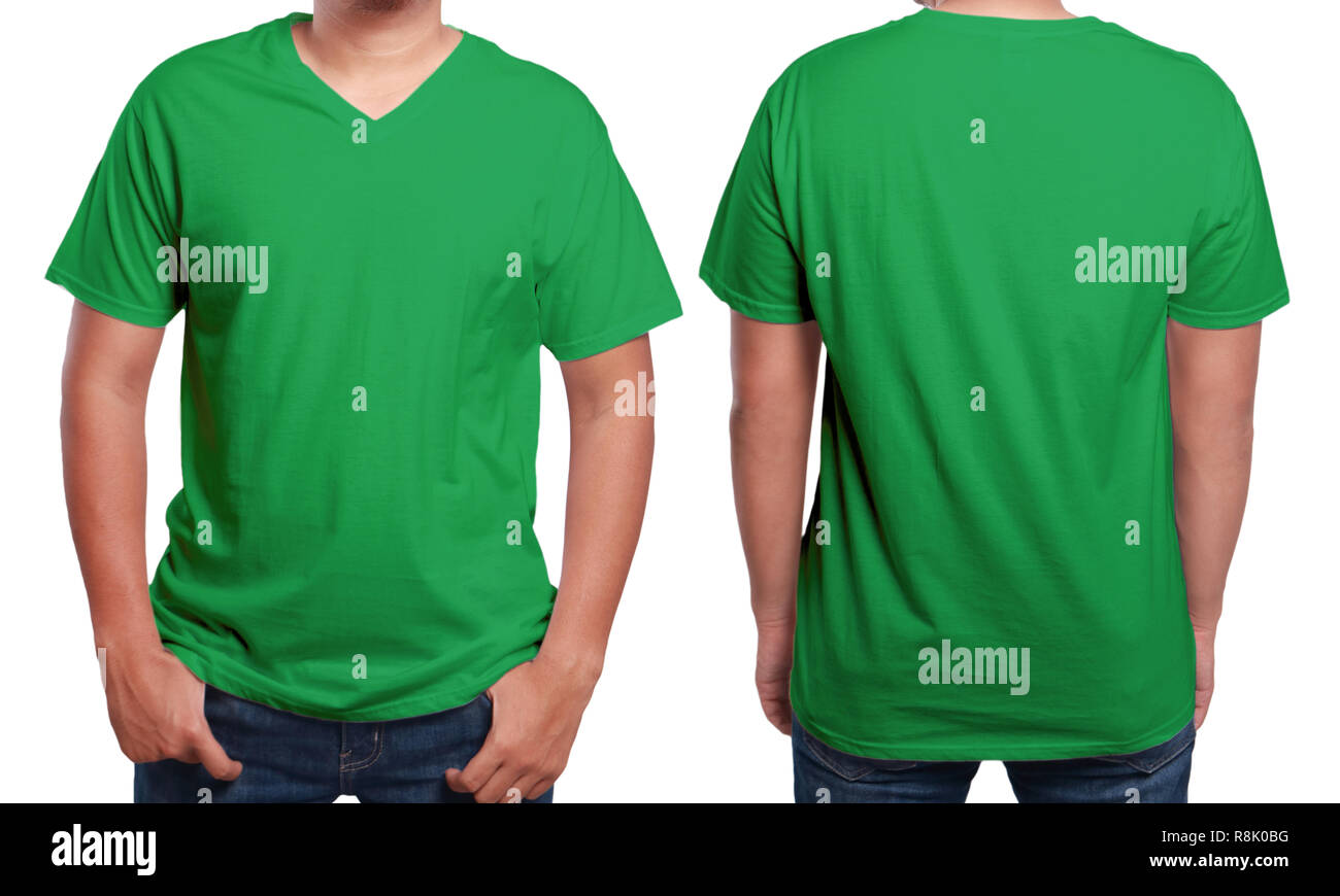 Green t-shirt mock up, front and back view, isolated. Male model wear ...