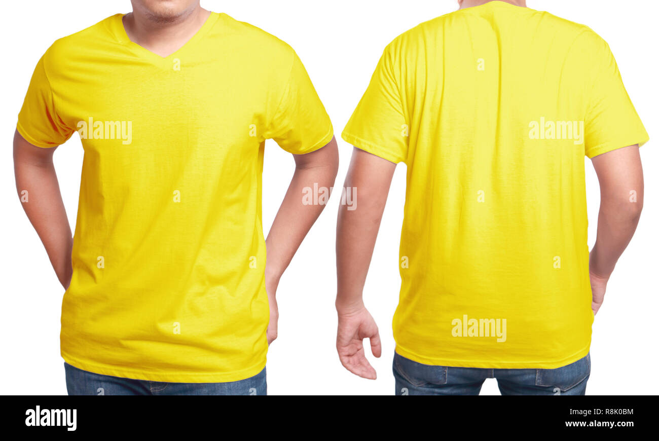 Yellow t-shirt mock up, front and back view, isolated. Male model wear plain  yellow shirt mockup. V-Neck shirt design template. Blank tees for print  Stock Photo - Alamy