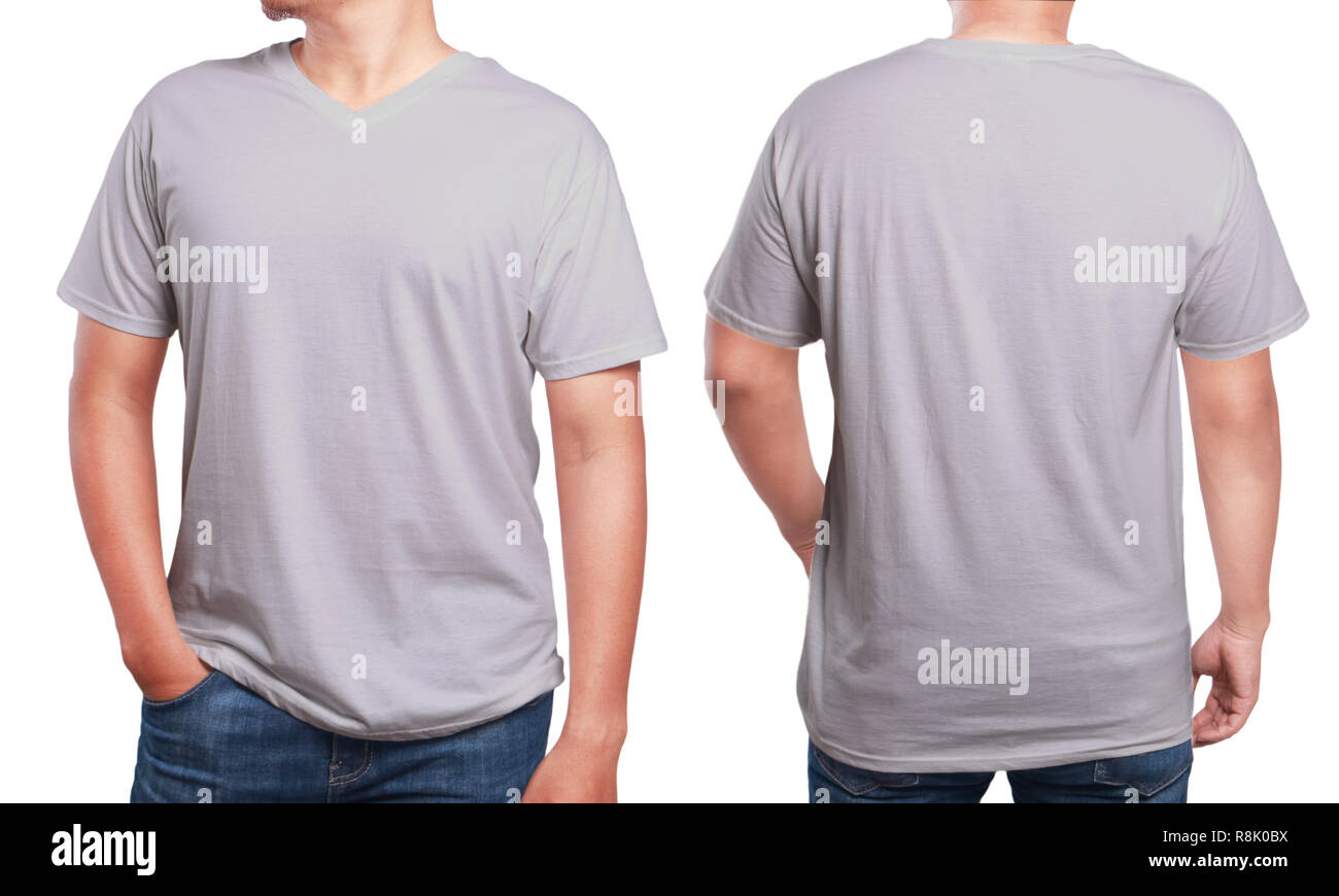 Grey t-shirt mock up, front and back view, isolated. Male model wear ...