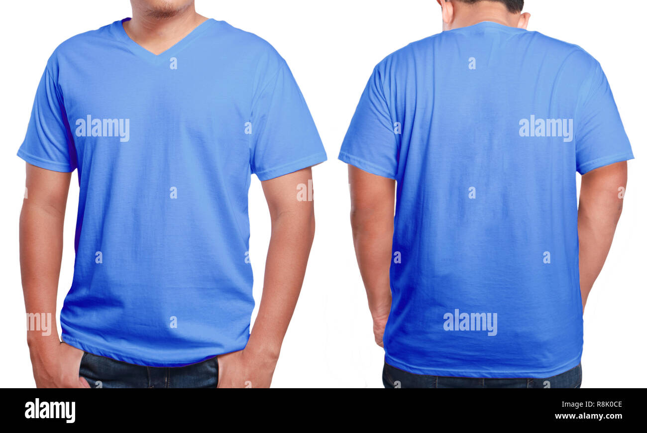 Download Blue T Shirt Mock Up Front And Back View Isolated Male Model Wear Plain Blue Shirt Mockup V Neck Shirt Design Template Blank Tees For Print Stock Photo Alamy