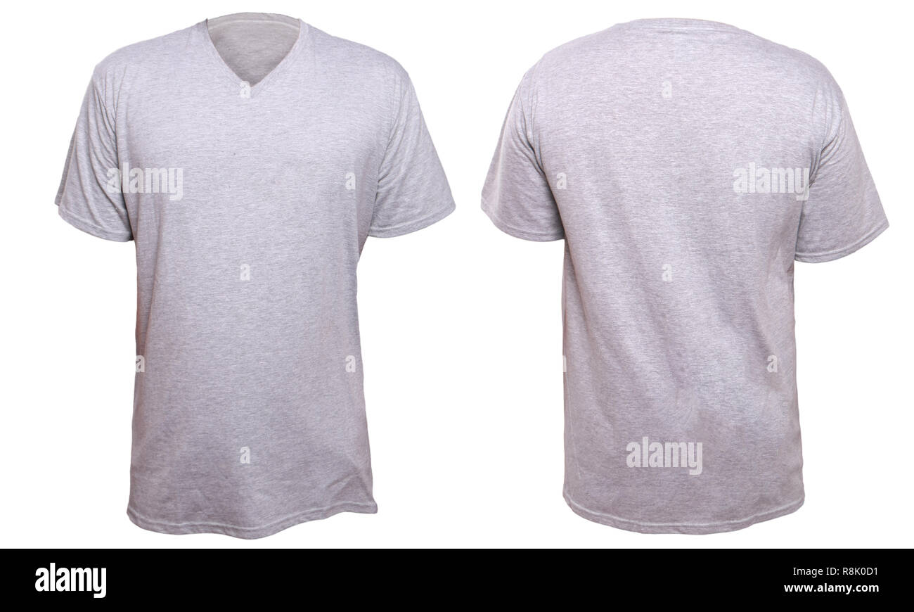 Misty Grey t-shirt mock up, front and back view, isolated. Plain gray shirt mockup. V-Neck shirt design template. Blank tees for print Stock Photo