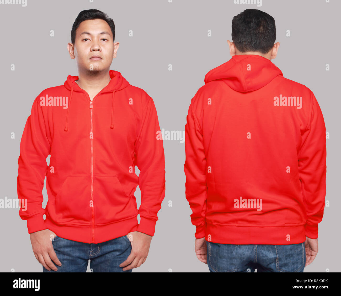 Blank sweatshirt mock up, front, and back view, isolated on grey. Asian male model wear plain red hoodie mockup. Hoody design presentation. Jumper for Stock Photo