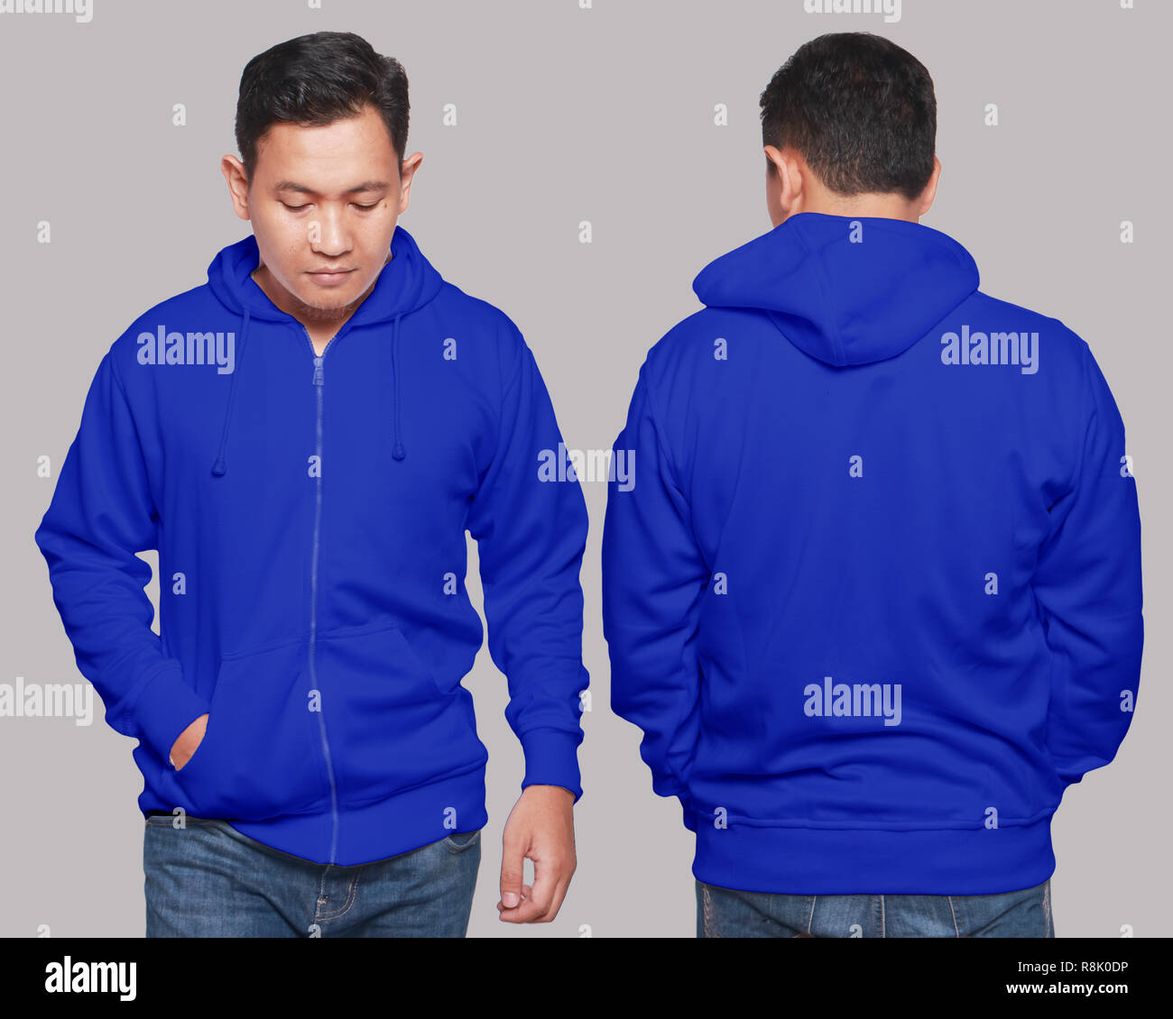 Blank sweatshirt mock up, front, and back view, isolated on grey. Asian male model wear plain blue hoodie mockup. Hoody design presentation. Jumper fo Stock Photo