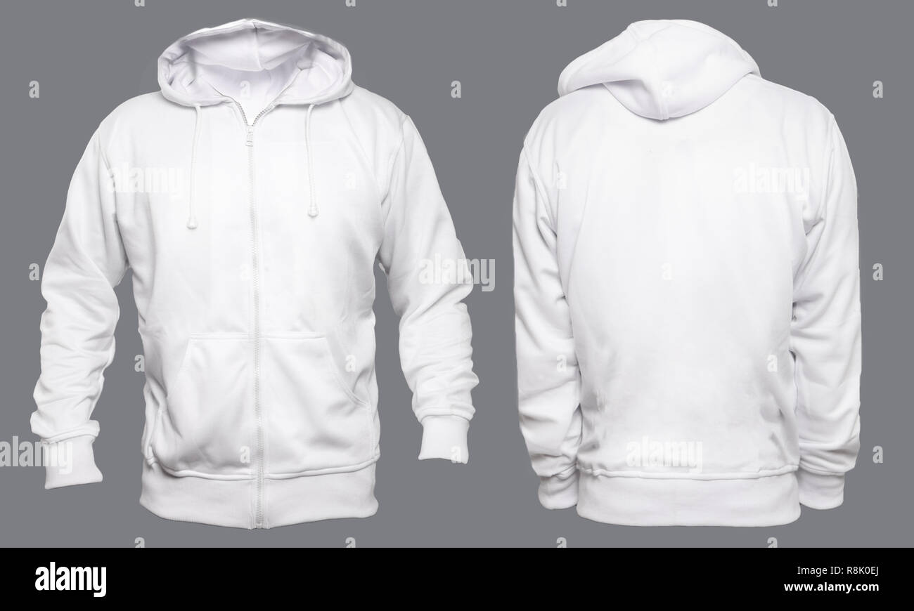 Blank sweatshirt mock up template, front, and back view, isolated on grey, plain white hoodie mockup. Hoody design presentation. Jumper for print. Bla Stock Photo