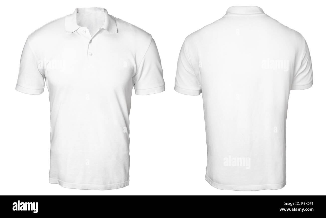 Blank polo shirt mock up template, front and back view, isolated on white, plain t-shirt mockup. Polo tee design presentation for print. Stock Photo