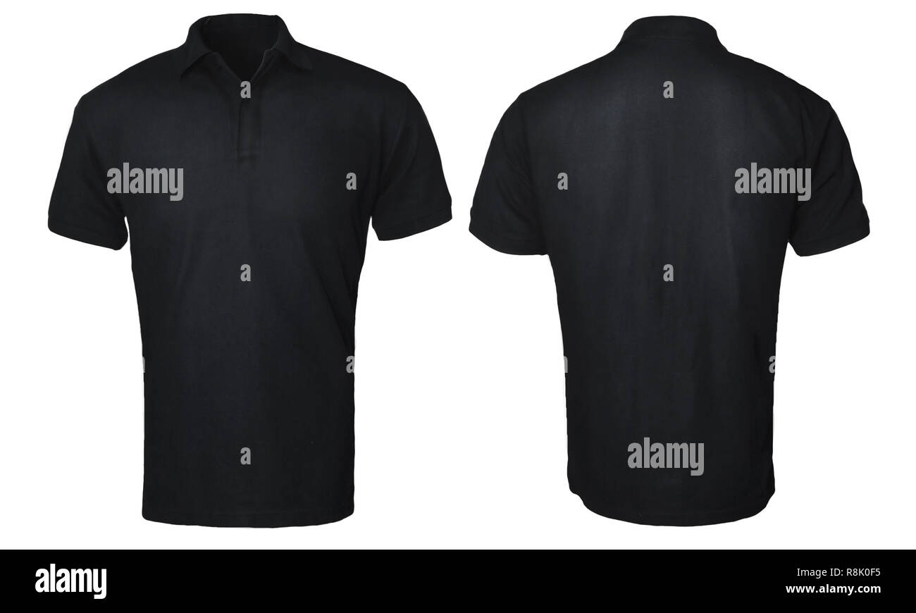 Blank polo shirt mock up template, front and back view, isolated on white, plain black t-shirt mockup. Polo tee design presentation for print. Stock Photo