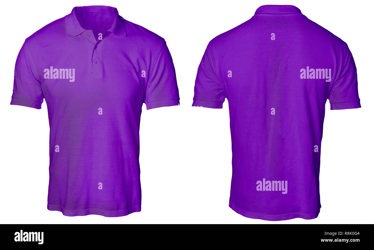 Blank polo shirt mock up template, front and back view, isolated on white, plain purple t-shirt mockup. Polo tee design presentation for print. Stock Photo