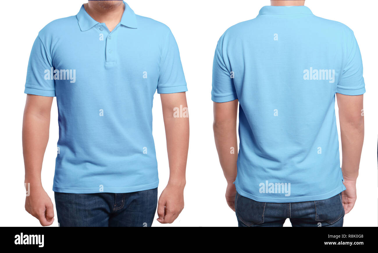 Blue polo t-shirt mock up, front and back view, isolated. Male model wear plain blue shirt mockup. Polo shirt design template. Blank tees for print Stock Photo