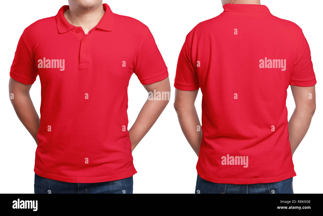 Red polo t-shirt mock up, front and back view, isolated. Male model wear plain red shirt mockup. Polo shirt design template. Blank tees for print Stock Photo