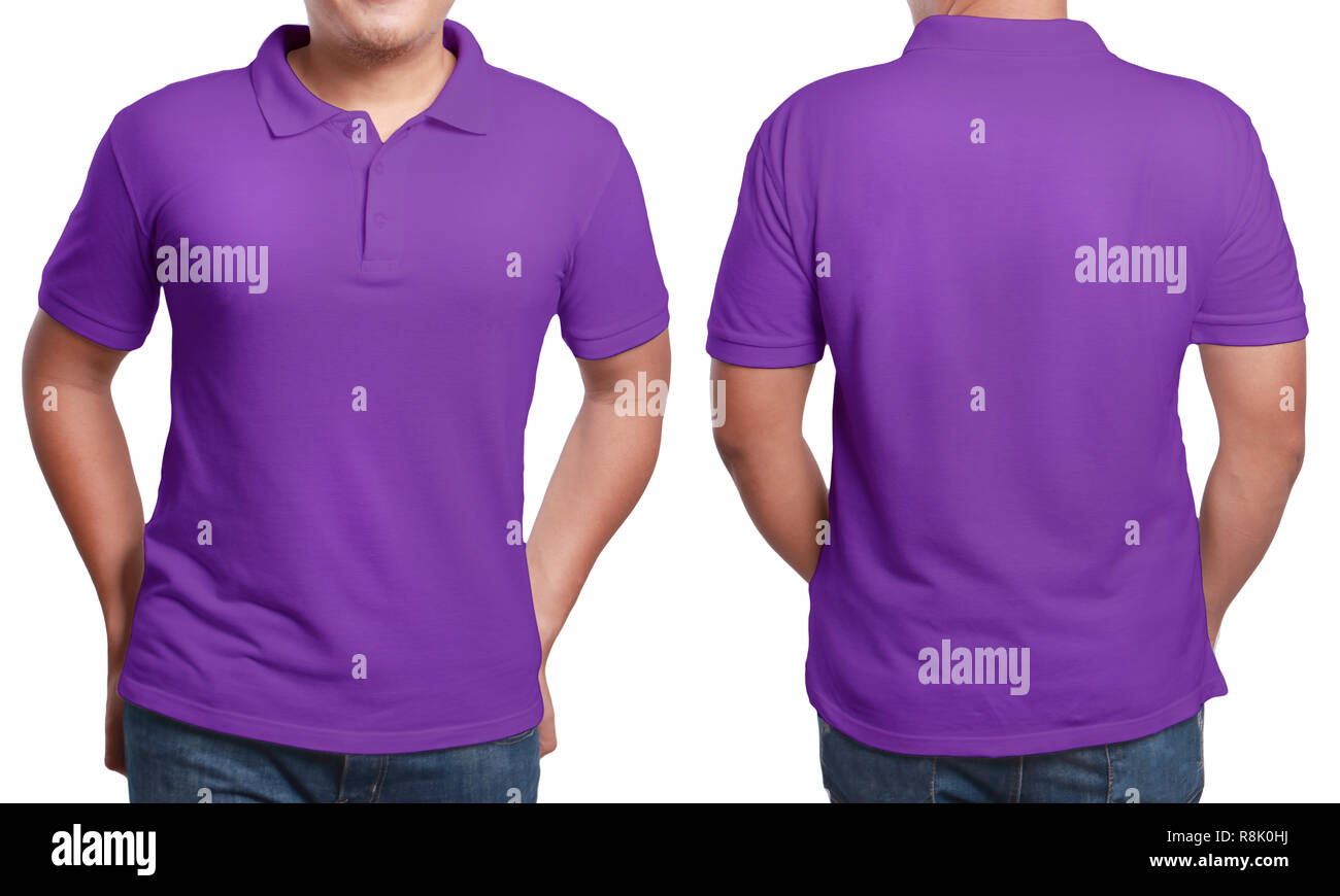 Purple polo t-shirt mock up, front and back view, isolated. Male model wear plain purple shirt mockup. Polo shirt design template. Blank tee Stock Photo