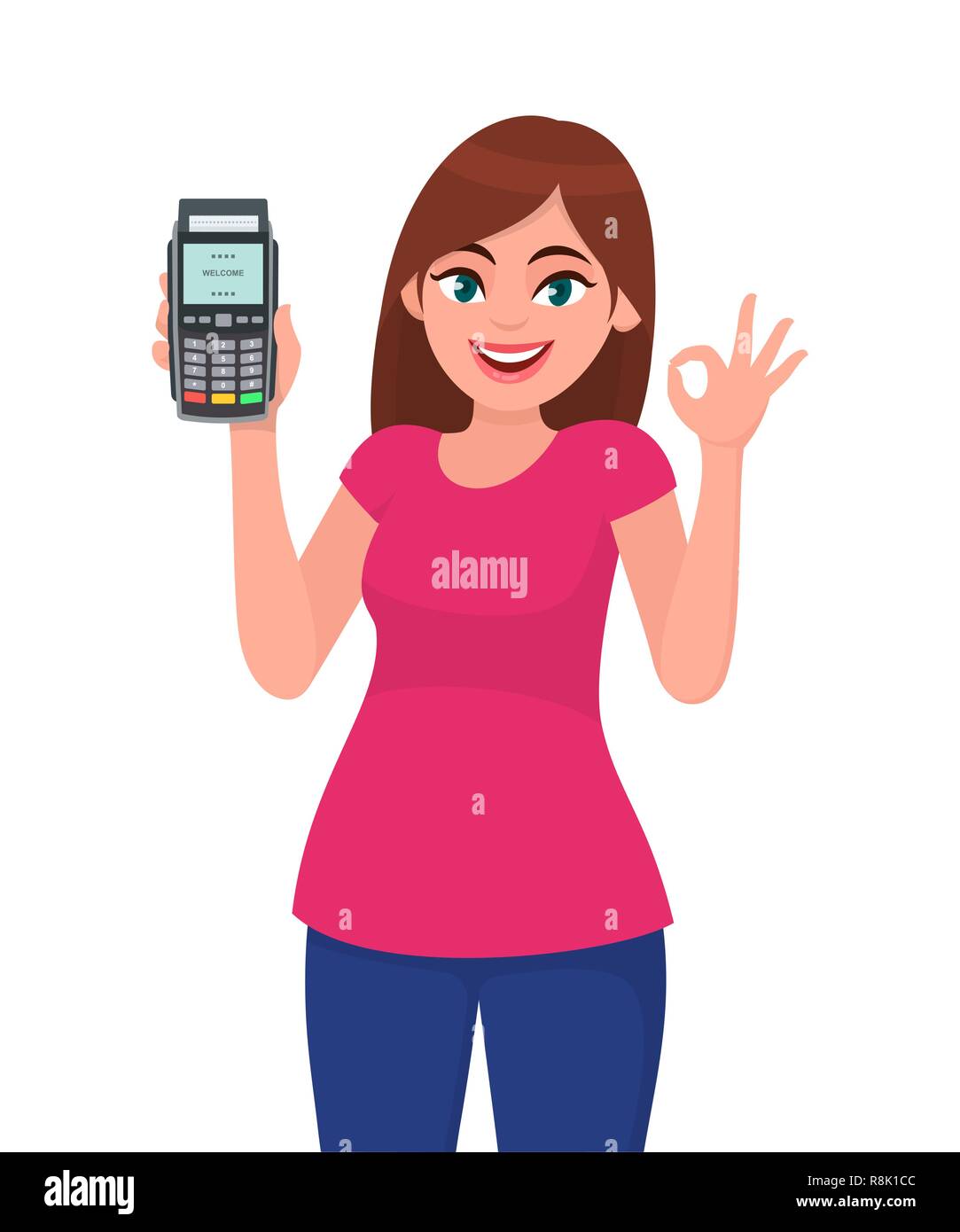 Pretty happy young woman showing/holding pos payment terminal or credit/debit cards swiping machine, gesturing okay/OK sign. Wireless modern bank paym Stock Vector