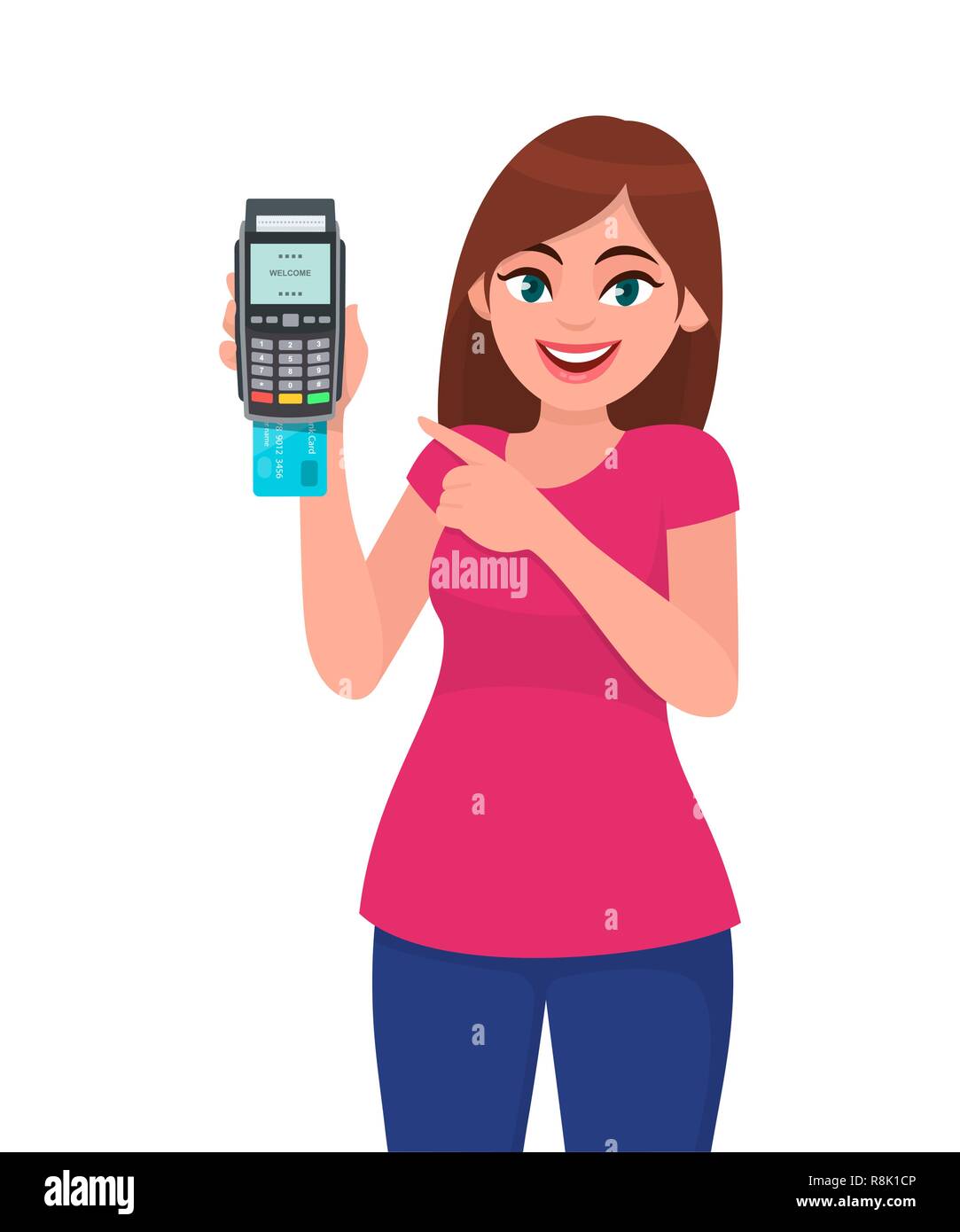 Young woman showing/holding pos payment terminal or credit/debit cards swiping machine and pointing finger. Wireless modern bank payment, business and Stock Vector