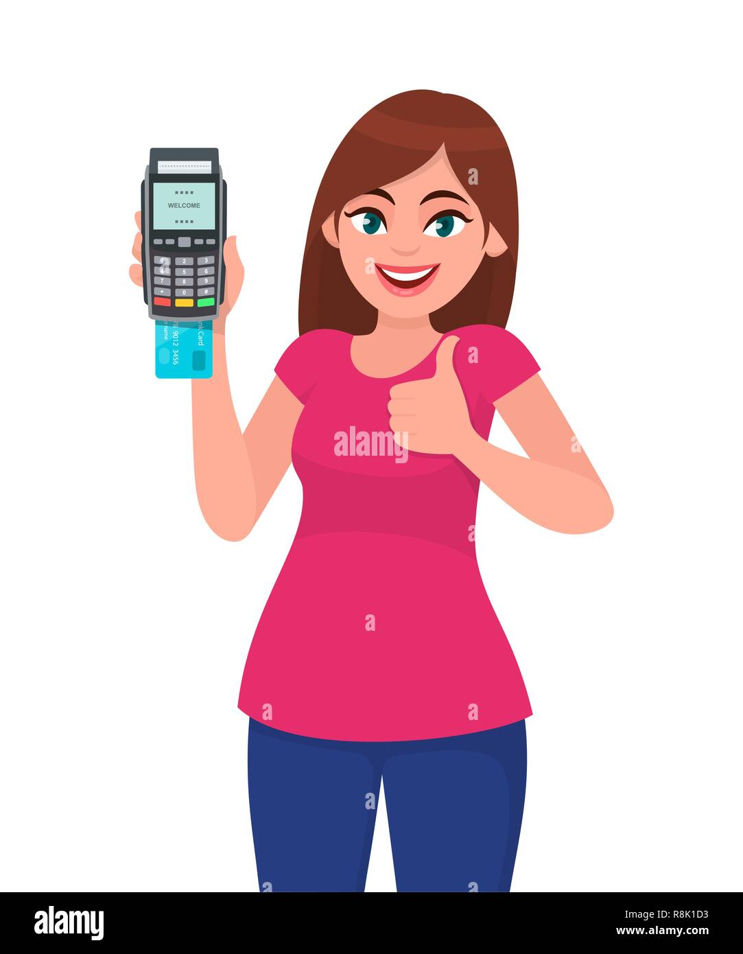 Young woman showing/holding pos payment terminal or credit/debit cards swiping machine, gesturing thumbs up sign. Wireless modern bank payment concept Stock Vector