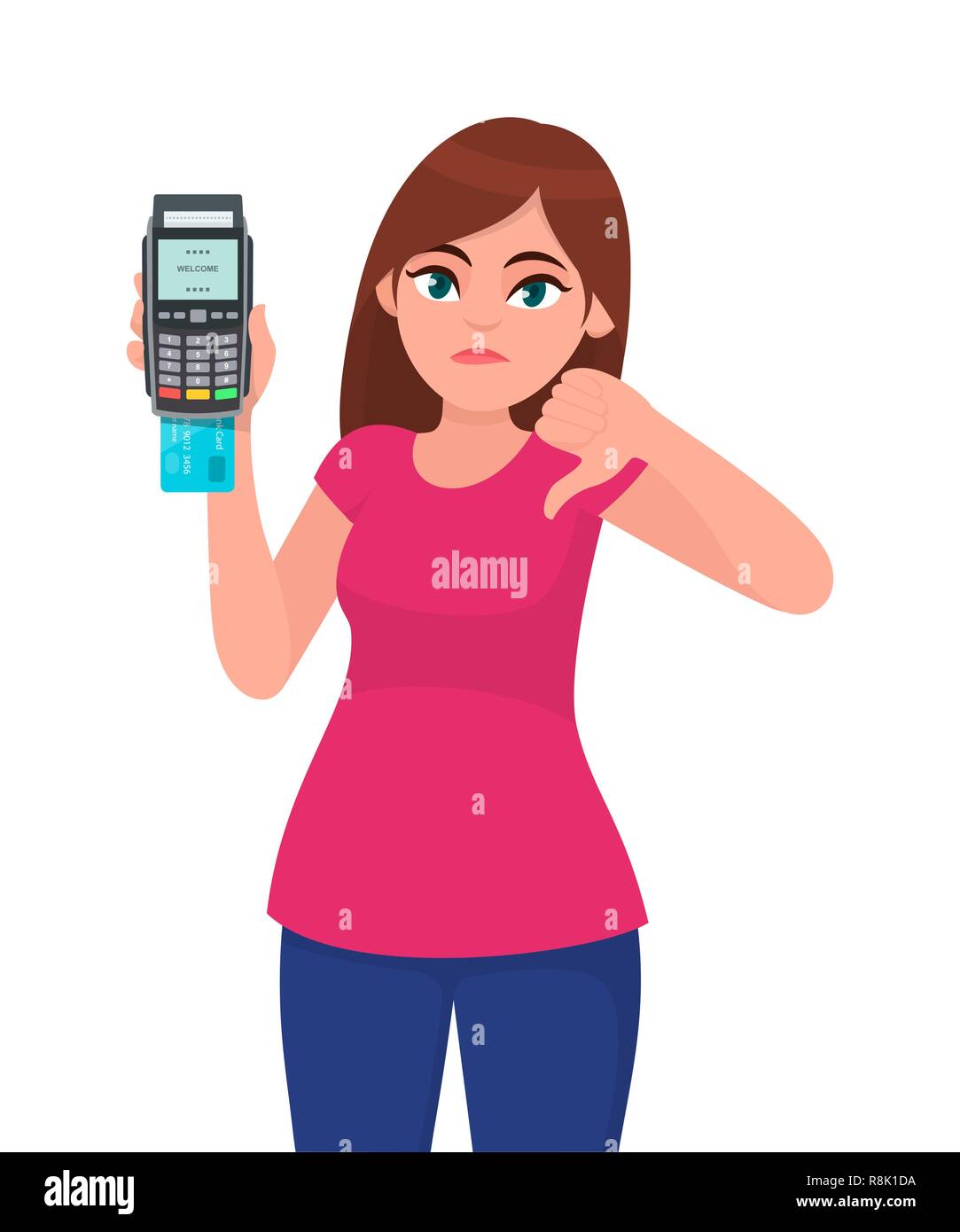 Unhappy young woman showing/holding pos payment terminal or credit/debit cards swiping machine, gesturing thumbs down sign. Wireless modern bank payme Stock Vector