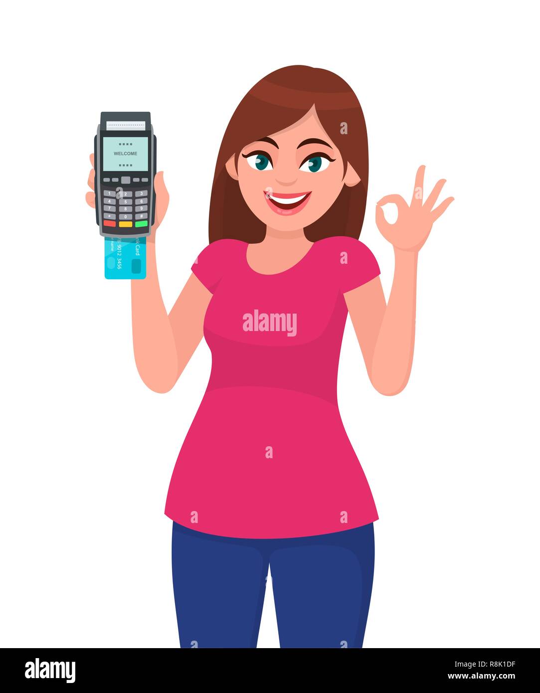 Happy young woman showing/holding pos payment terminal or credit/debit cards swiping machine, gesturing okay/OK sign. Wireless modern bank payment con Stock Vector