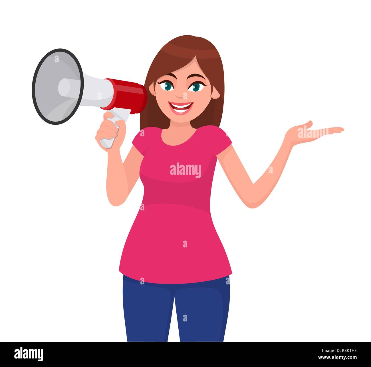 Pretty woman holding a megaphone/loud speaker and showing hand to copy space away. Girl making announcement with megaphone. Megaphone and loudspeaker  Stock Vector