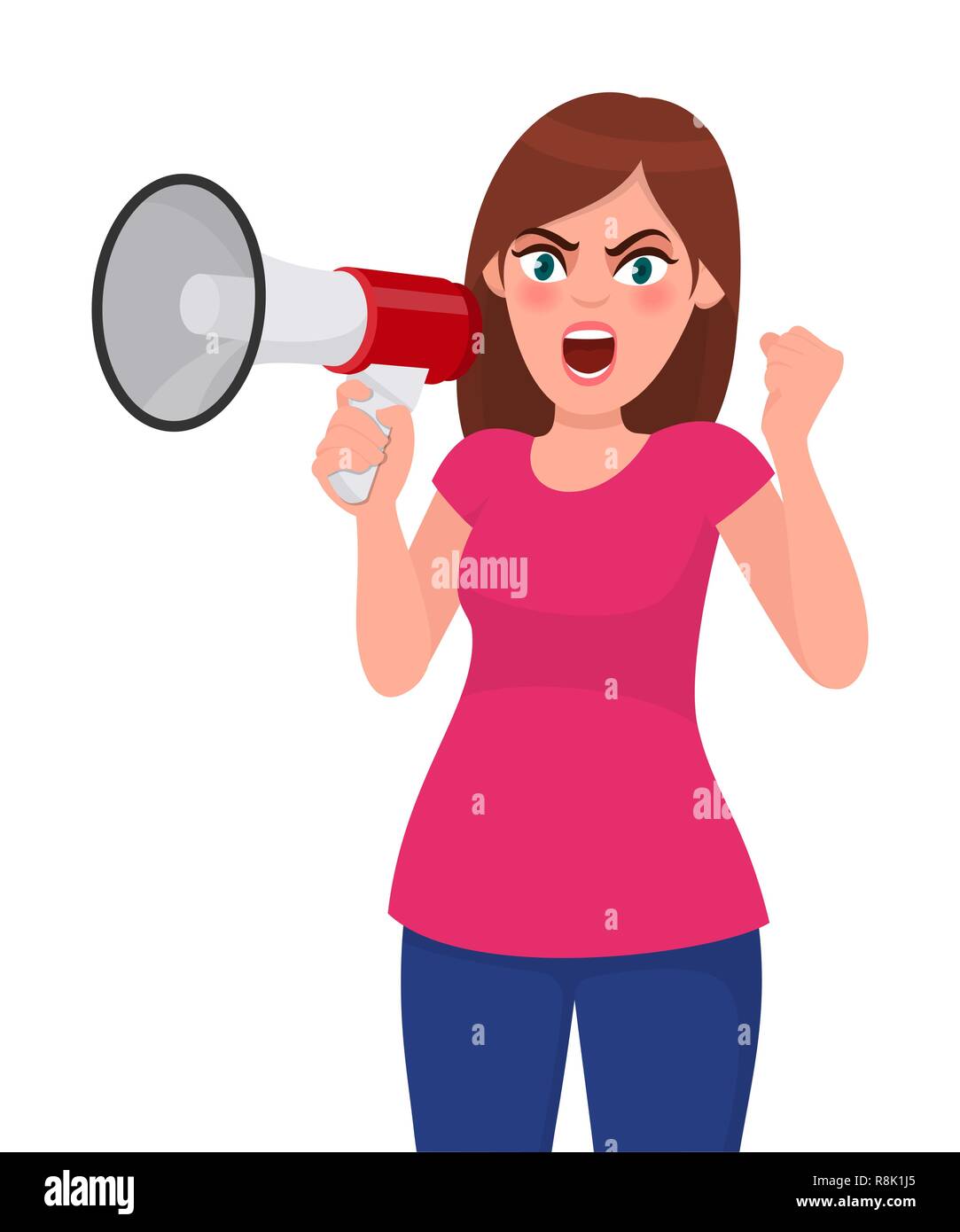 Angry woman holding a megaphone/loud speaker, raising fist and screaming or shouting loud while eyes opened widely. Megaphone and loudspeaker concept  Stock Vector