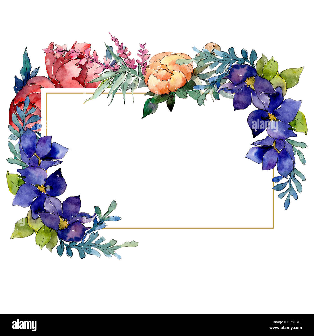 Red, orange and blue bouquet botanical flower. Watercolor background