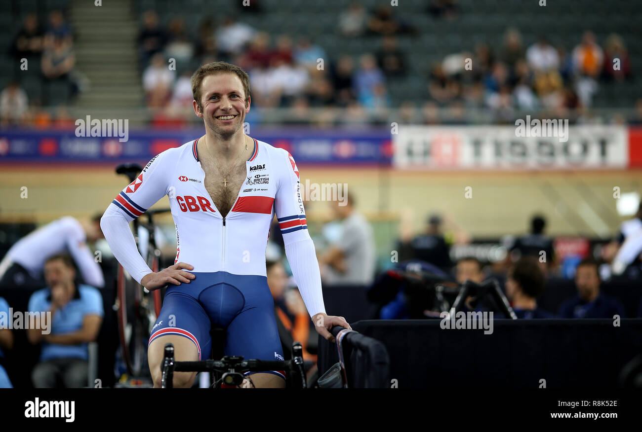 Jason Kenny of Great Britain warming up before the Men's Sprint 1/8 Finals during day three of the Tissot UCI Track Cycling World Cup at Lee Valley VeloPark, London. Stock Photo