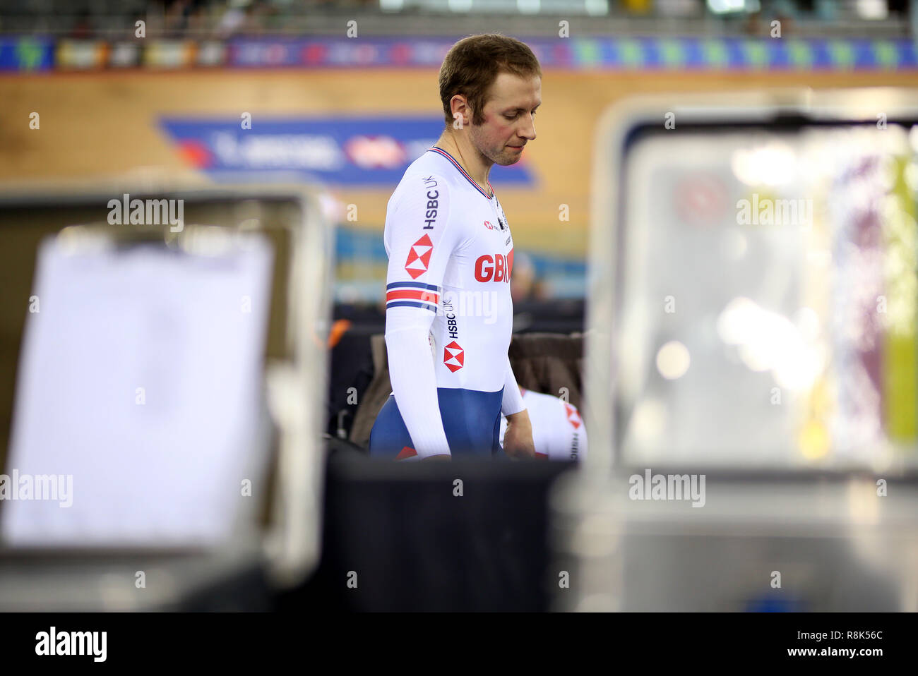 Jason Kenny of Great Britain before the Men's Sprint 1/8 Finals during day three of the Tissot UCI Track Cycling World Cup at Lee Valley VeloPark, London. Stock Photo