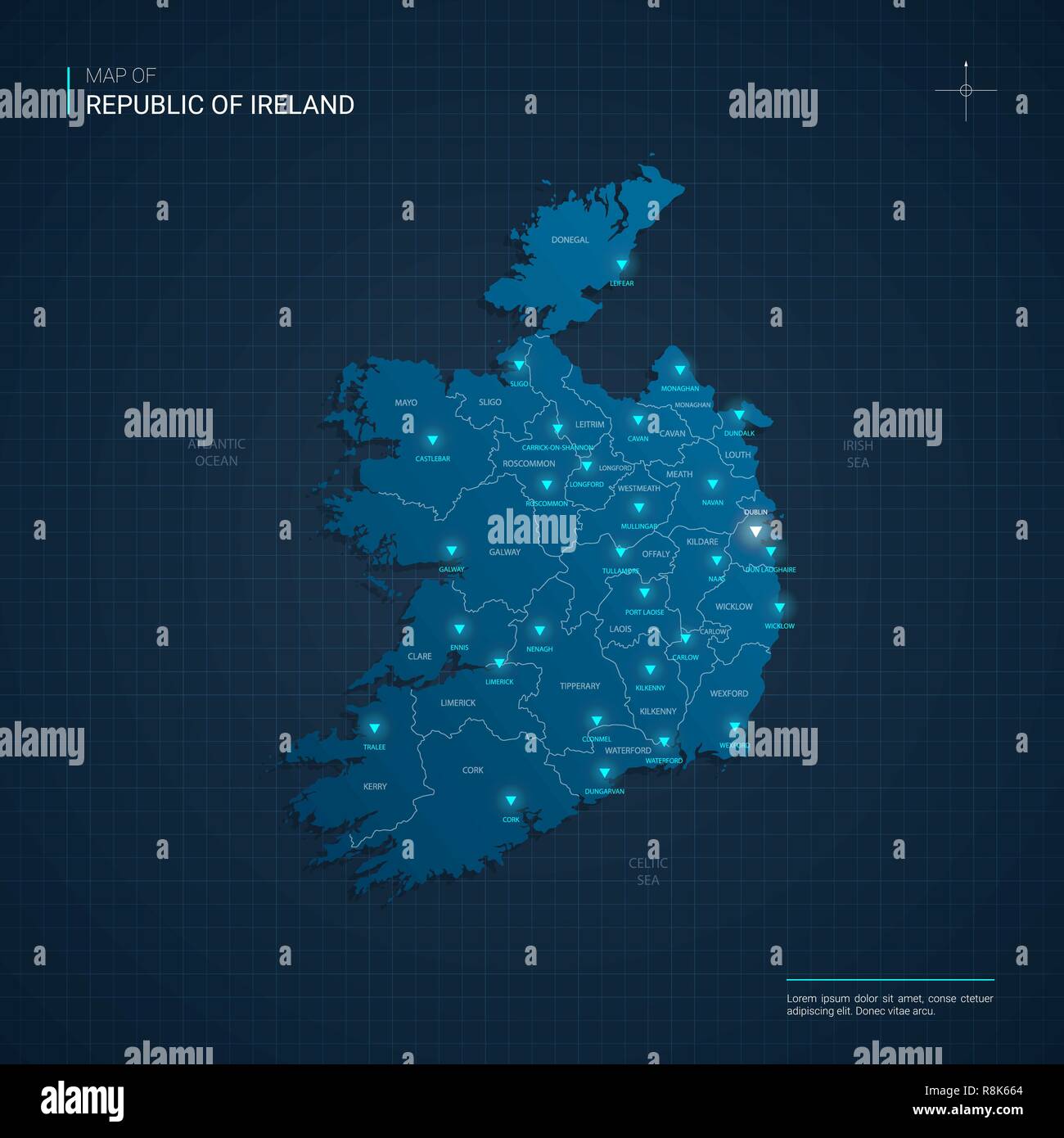 Vector Republic of Ireland map illustration with blue neon lightpoints - triangle on dark blue gradient background. Administrative divisions Stock Vector