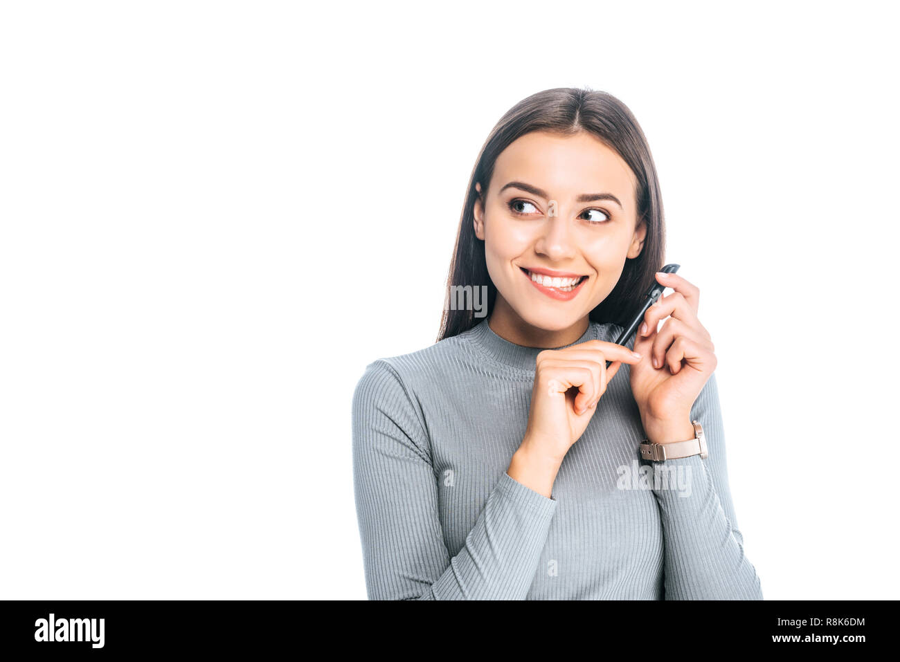 portrait of young cunning woman with pen isolated on white Stock Photo