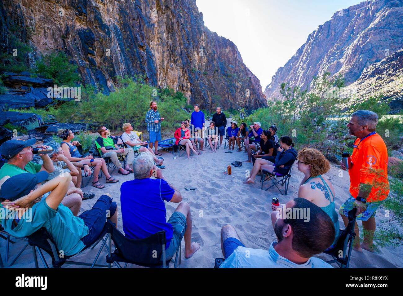 United States, Arizona, Grand Canyon National Park, rafting down the Colorado river between Lee's Ferry near Page and Phantom Ranch, end of trip briefing Stock Photo