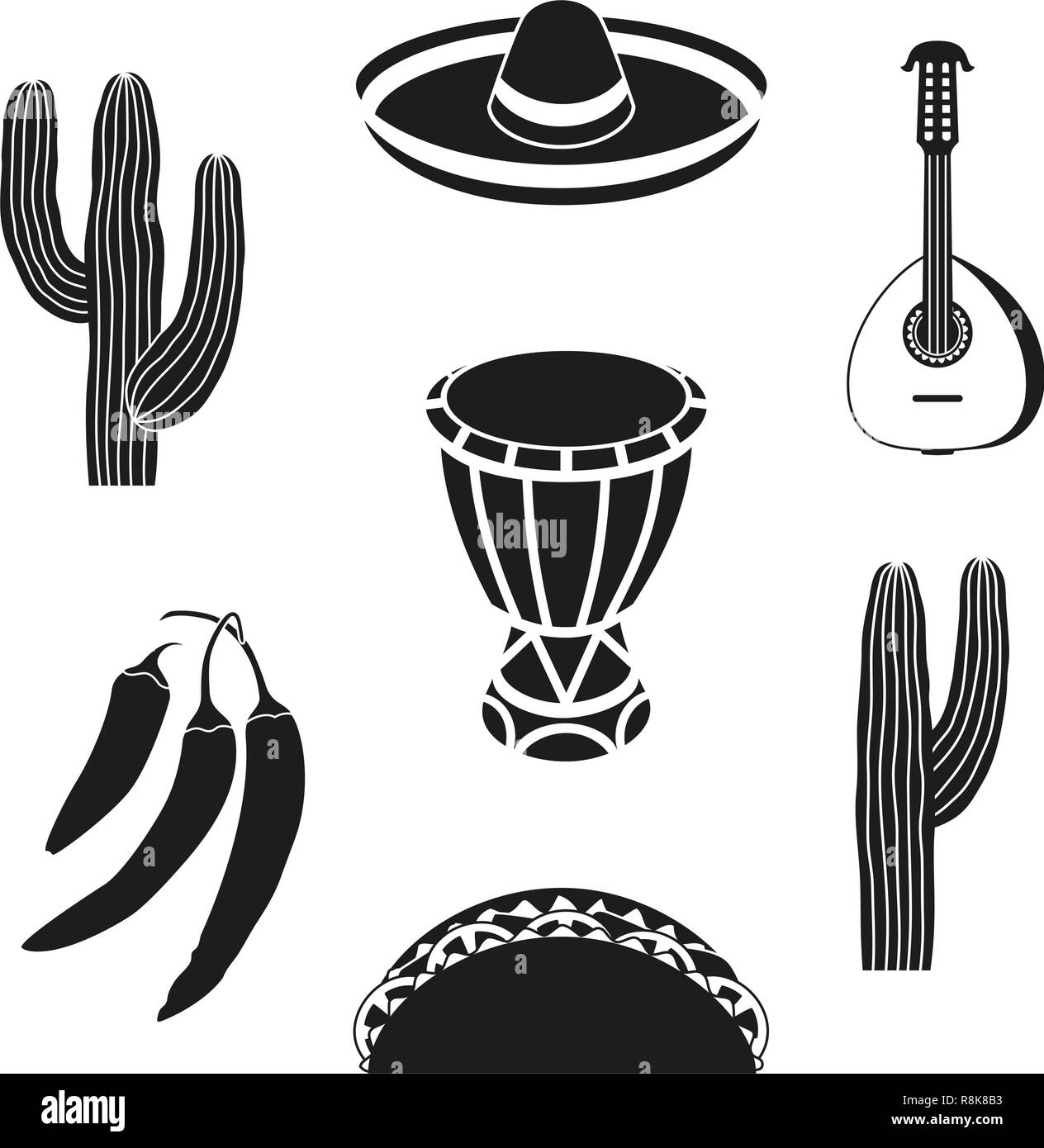 Black and white 7 mexican elements. Stock Vector