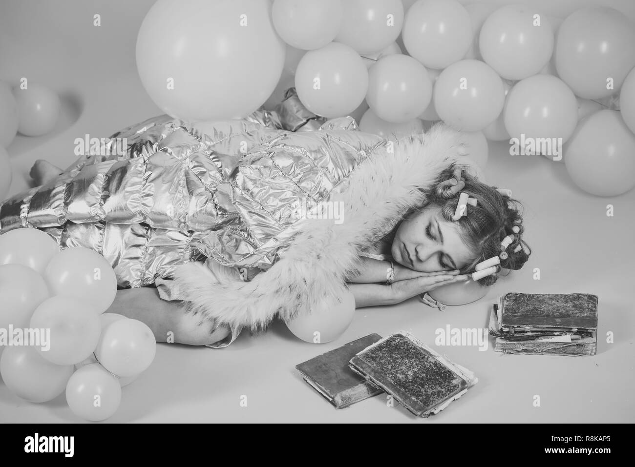 Little one year old girl sleep at old books Stock Photo Alamy