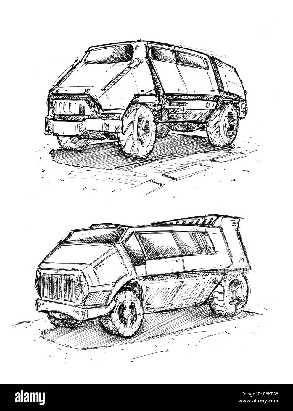 Ink Concept Art Drawing of Futuristic or Sci-fi Van or Delivery Truck Stock Photo