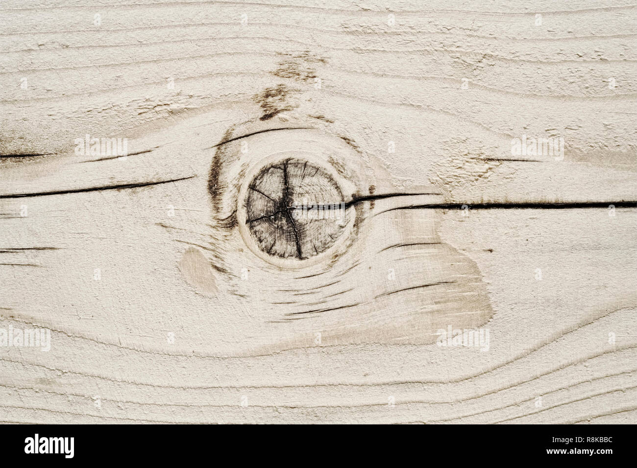 Texture of a wooden not painted board with a knot and cracks Stock Photo