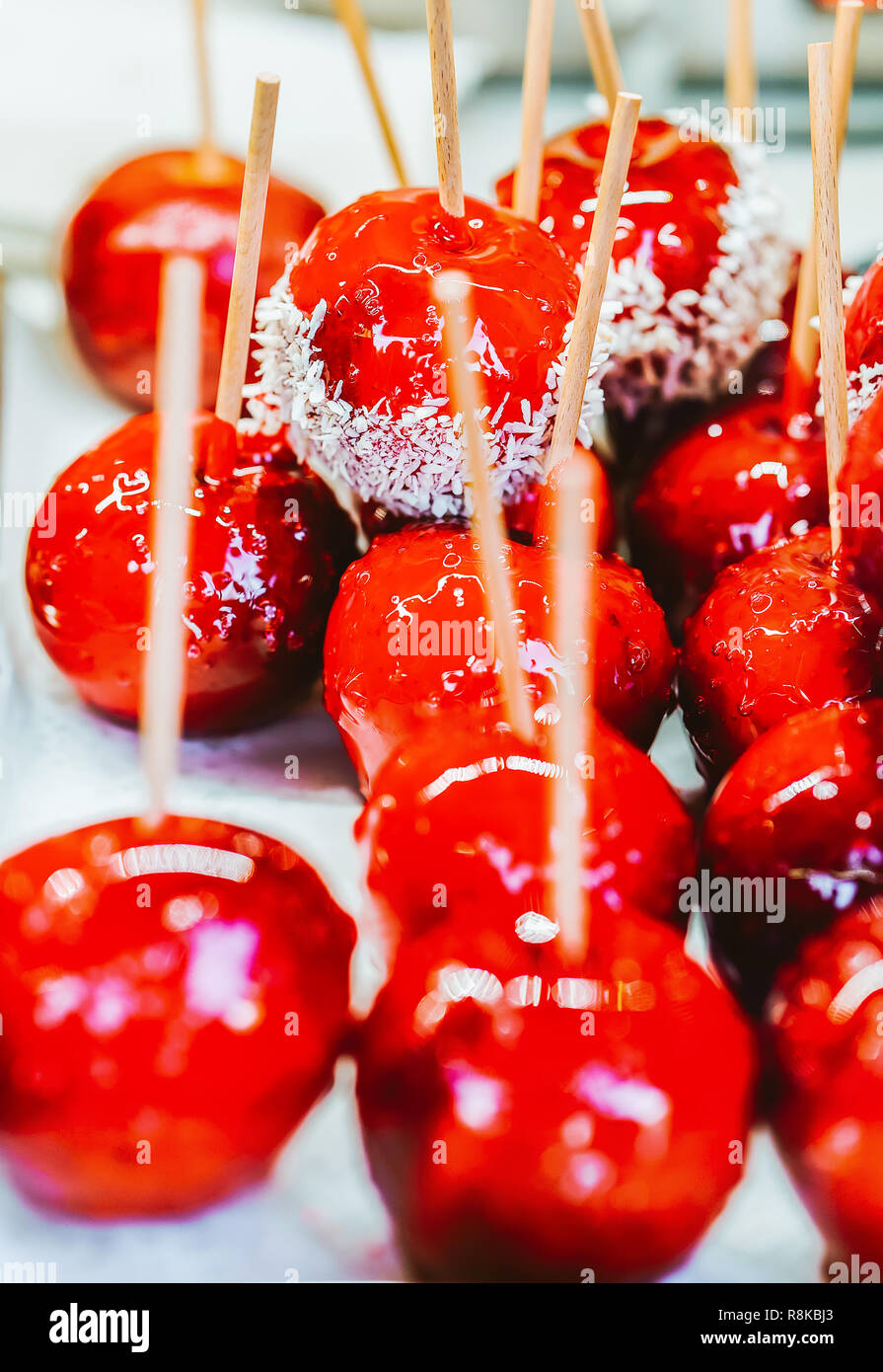 Red glazed apples on Christmas market in Vilnius in Lithuania Stock