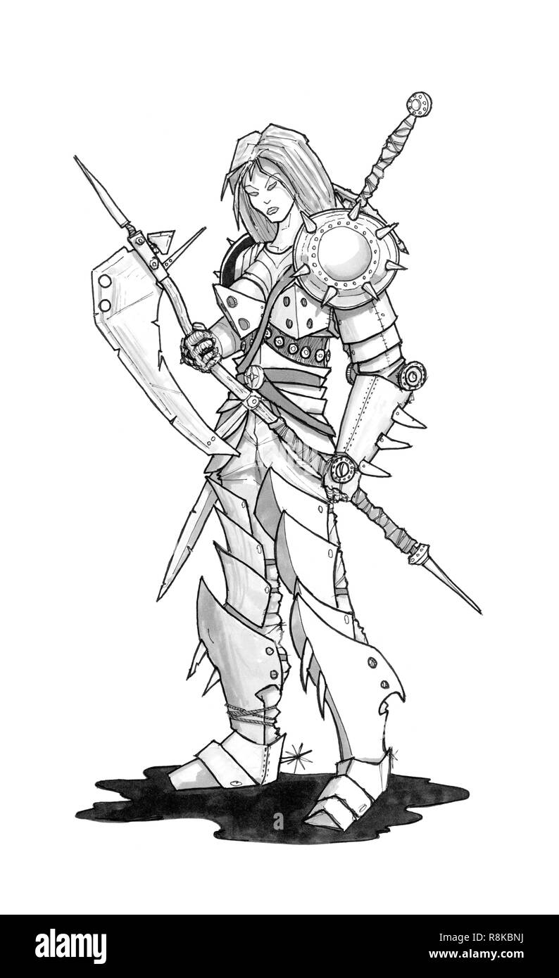Ink Concept Art Drawing of Fantasy Woman Warrior in Armor With Ax Stock Photo
