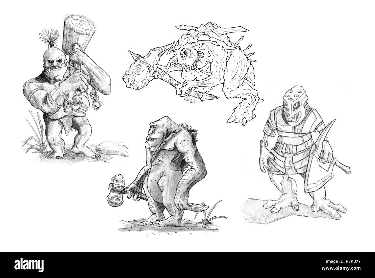 Set of Pencil or Ink Drawings of Various Fantasy Monsters Stock Photo