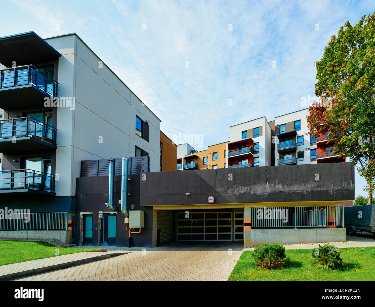 Modern Residential Apartment Building Architecture With Garage
